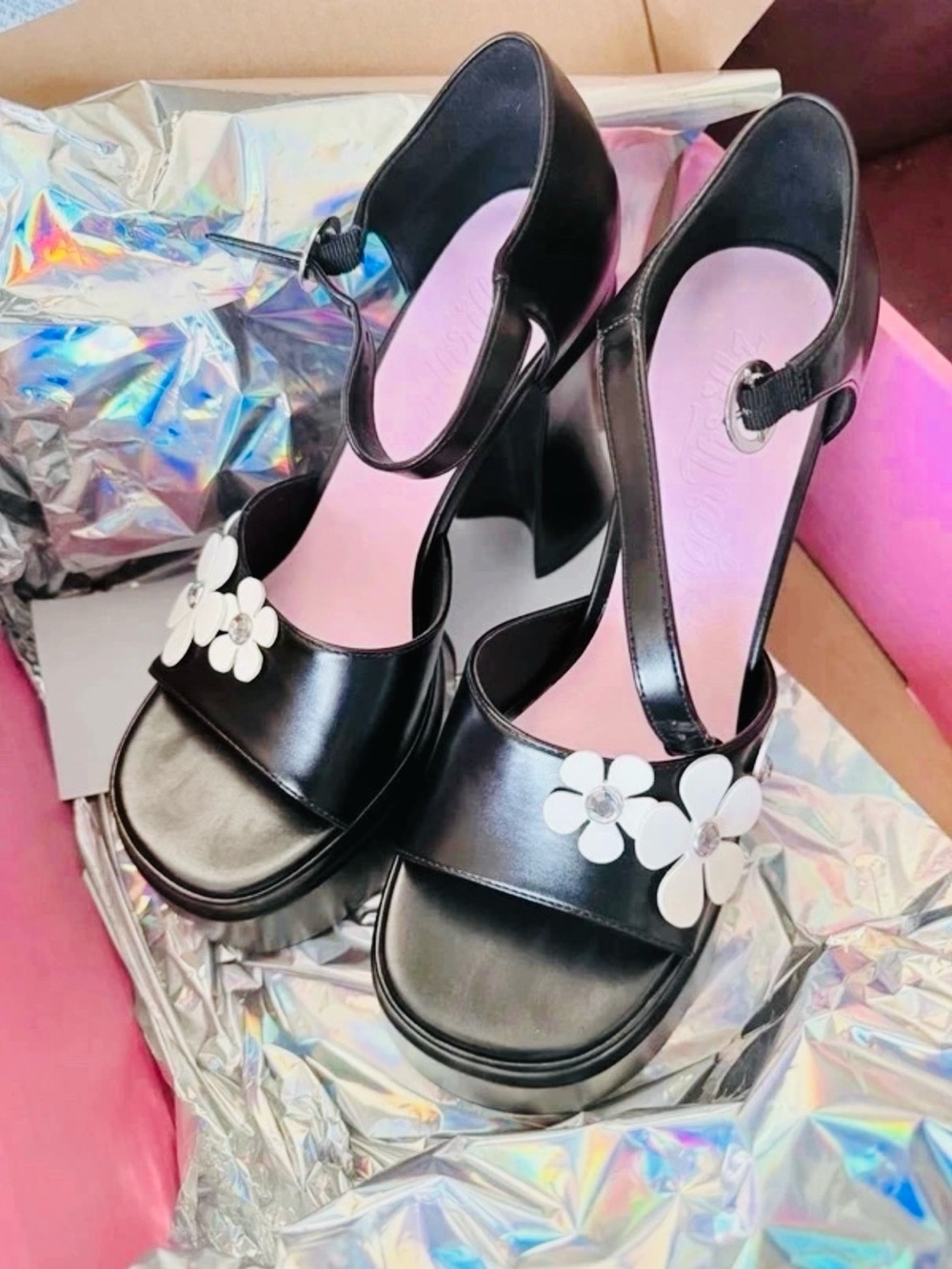 Dolls Kill Black Platform Heels with White Flower Gems
